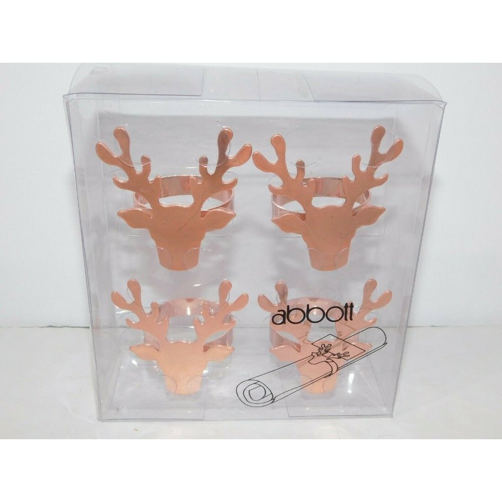 Abbott Copper Plated rose gold Reindeer Napkin Rings Christmas NEW Open box